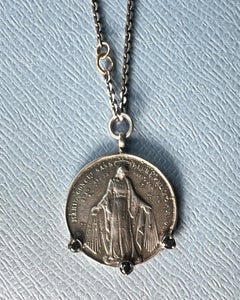 Virgin Mary Necklace – Miraculous Medal – Black Diamond and Solid Silver
