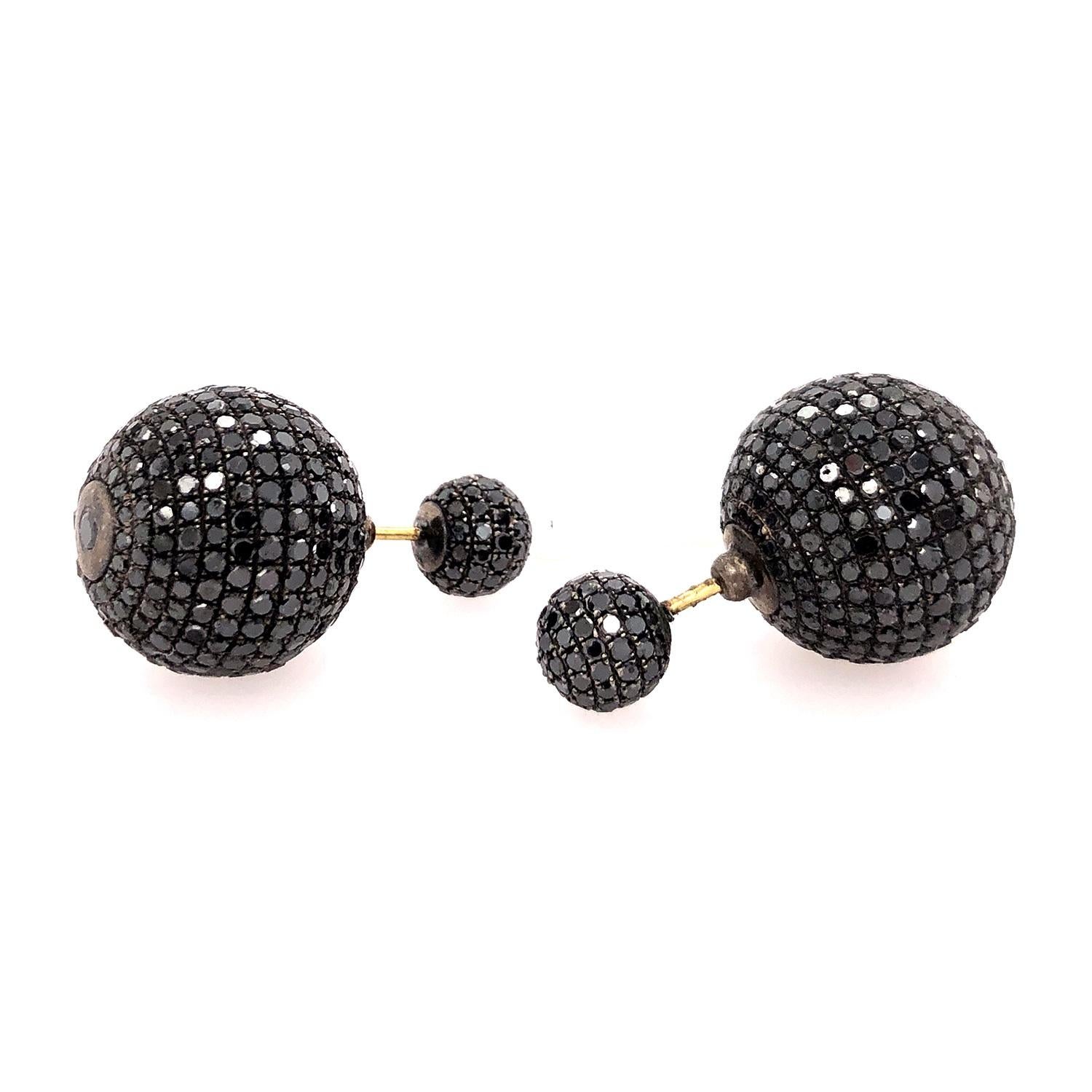 Artisan Black Diamond Micro Pave Ball Tunnel Earring Made In 18k Gold & Silver For Sale