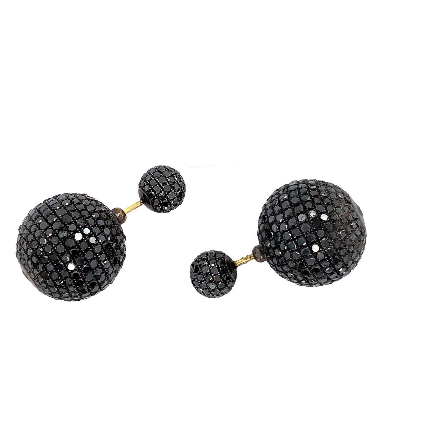 Mixed Cut Black Diamond Micro Pave Ball Tunnel Earring Made In 18k Gold & Silver For Sale