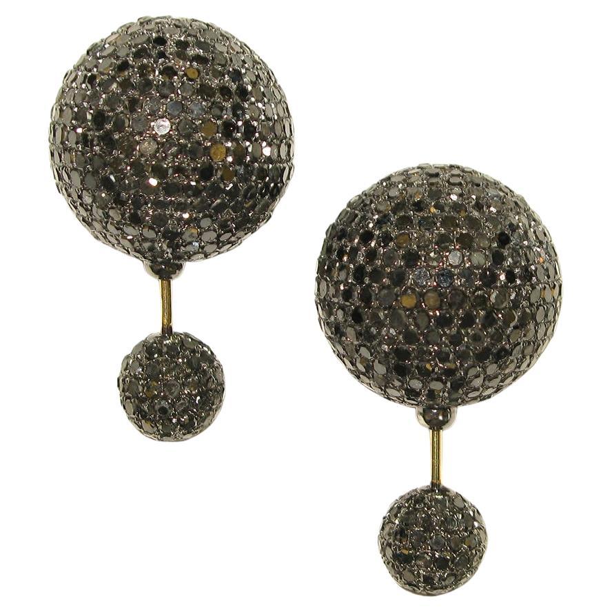 Black Diamond Micro Pave Ball Tunnel Earring Made In 18k Gold & Silver For Sale