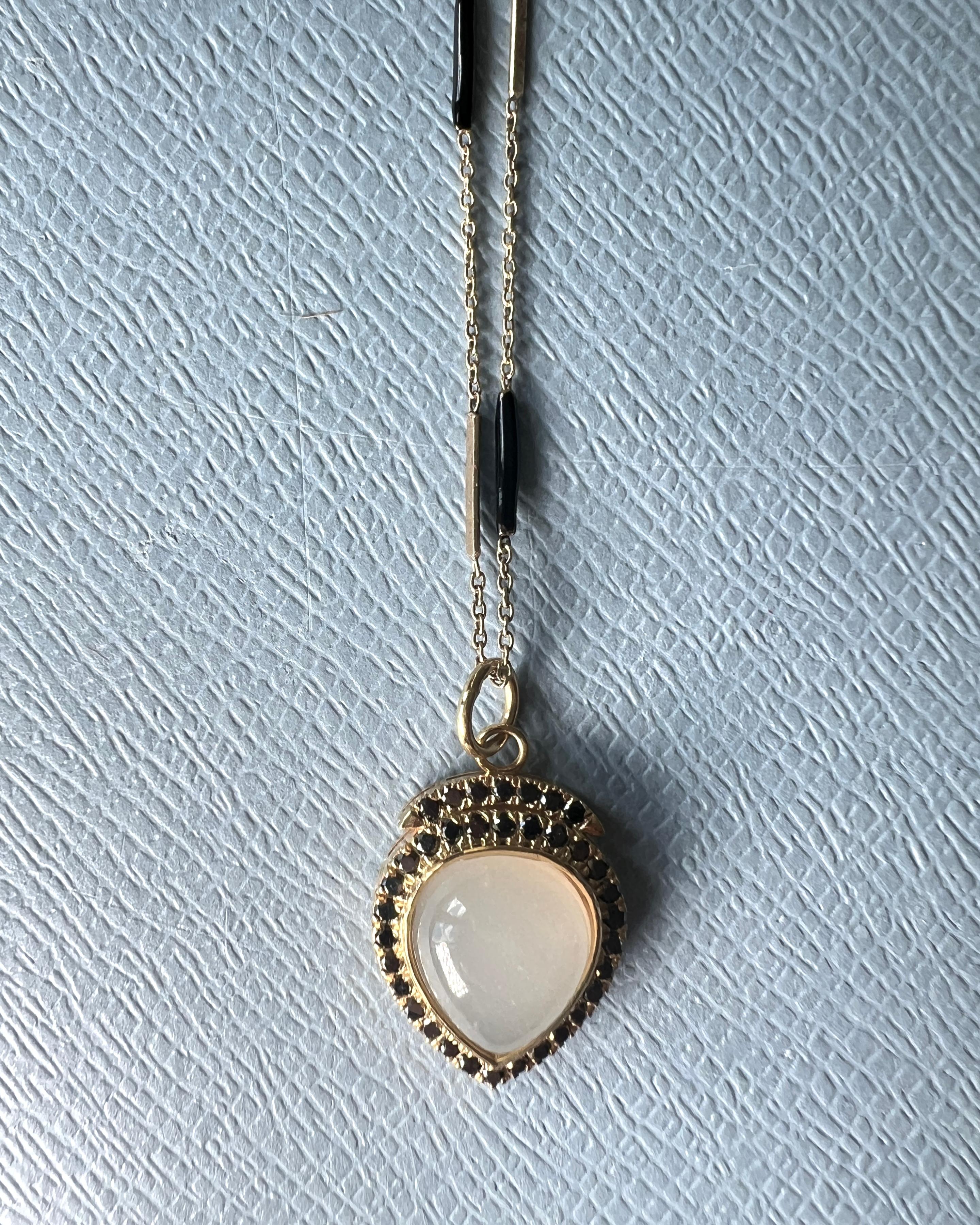 Vittoriano Black Diamond Moonstone Heart Pendant Necklace Black Enamel in vendita