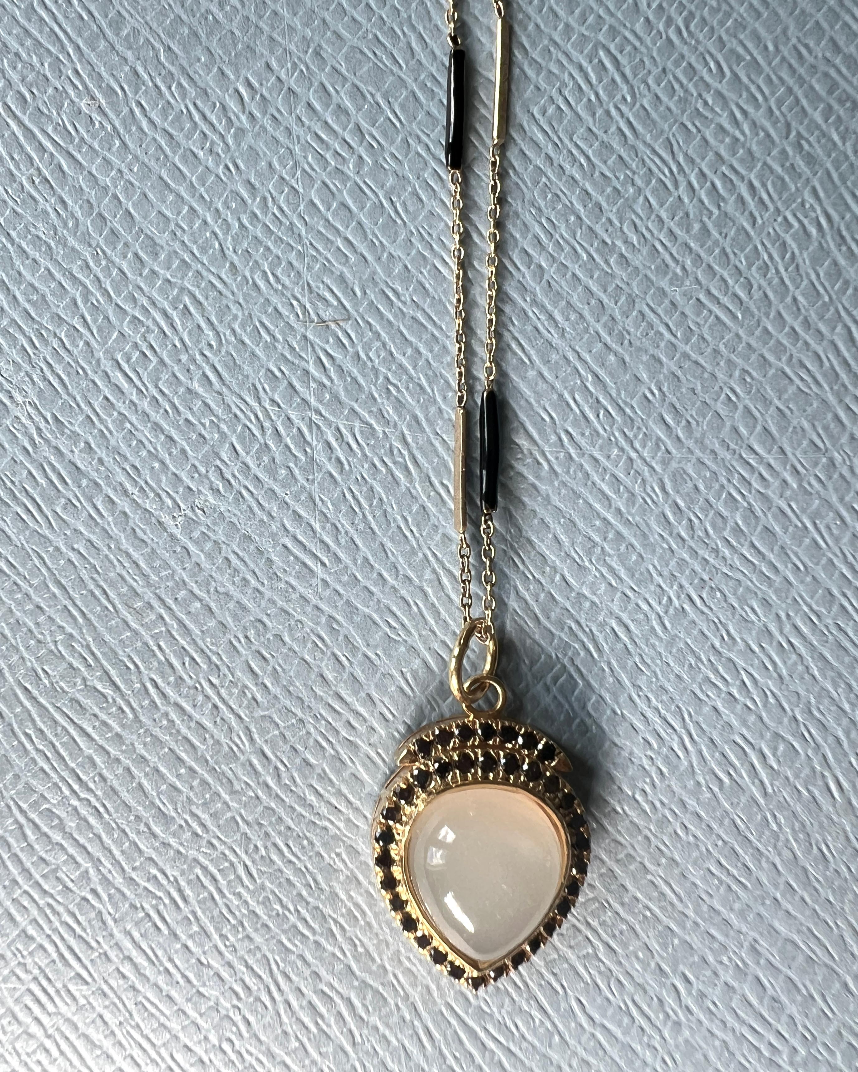 Black Diamond Moonstone Heart Pendant Necklace Black Enamel In condizioni Nuovo in vendita a Los Angeles, CA