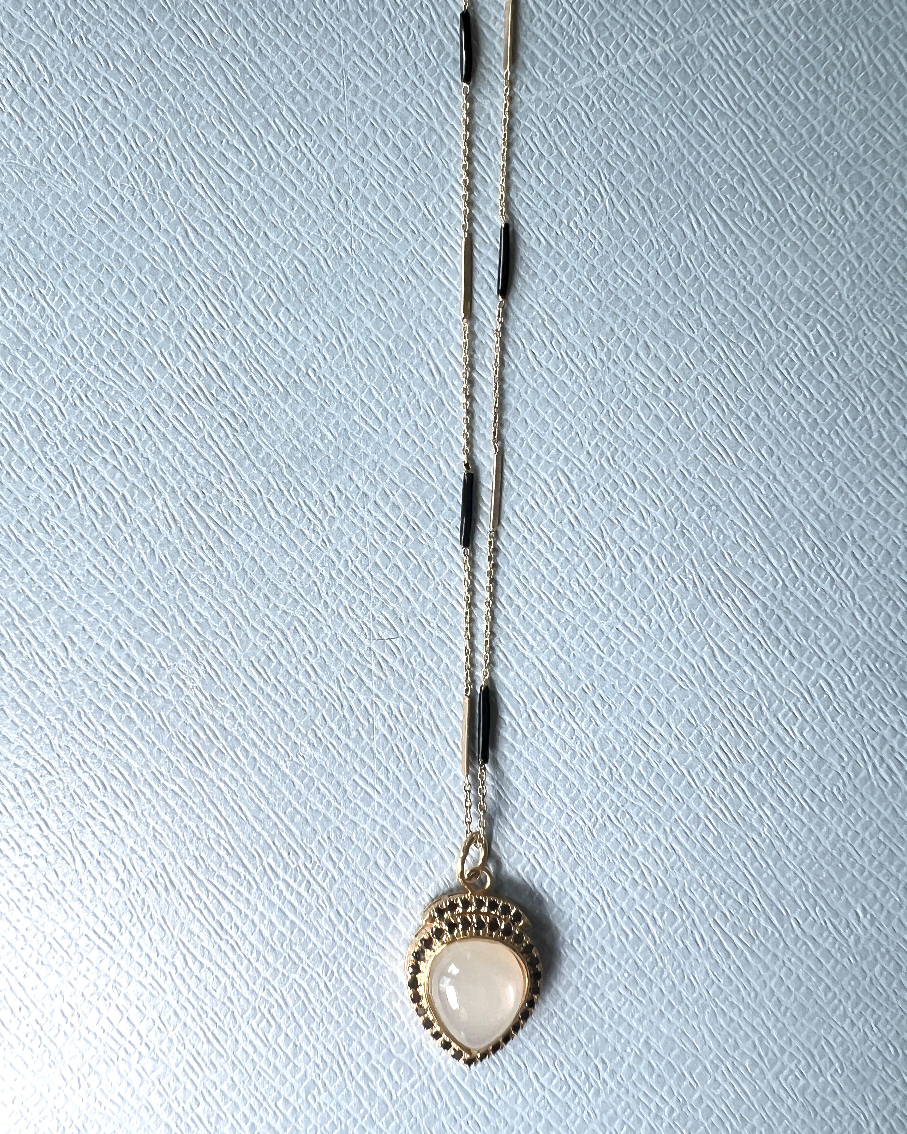 Black Diamond Moonstone Heart Pendant Necklace Black Enamel in vendita 1