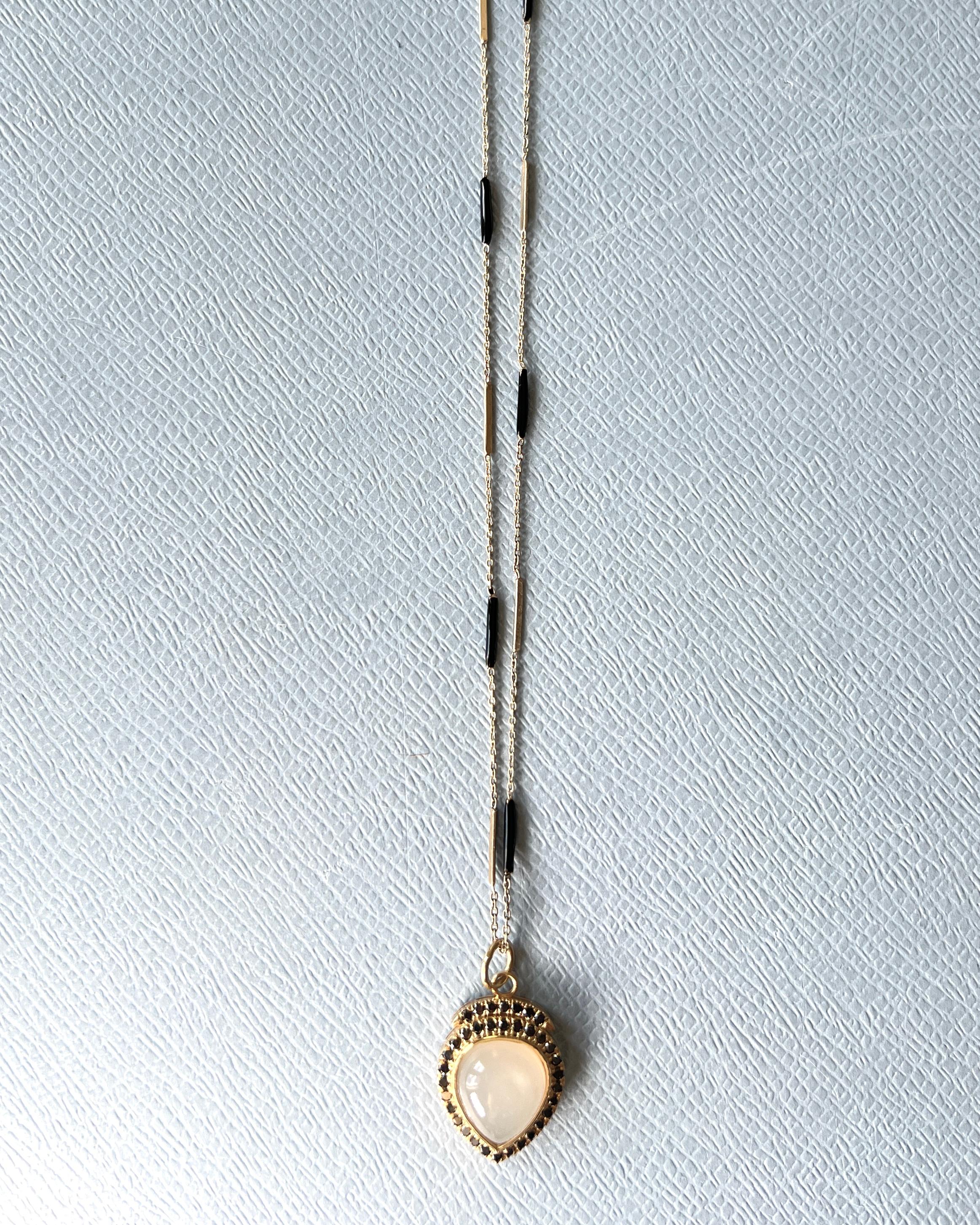 Black Diamond Moonstone Heart Pendant Necklace Black Enamel in vendita 2