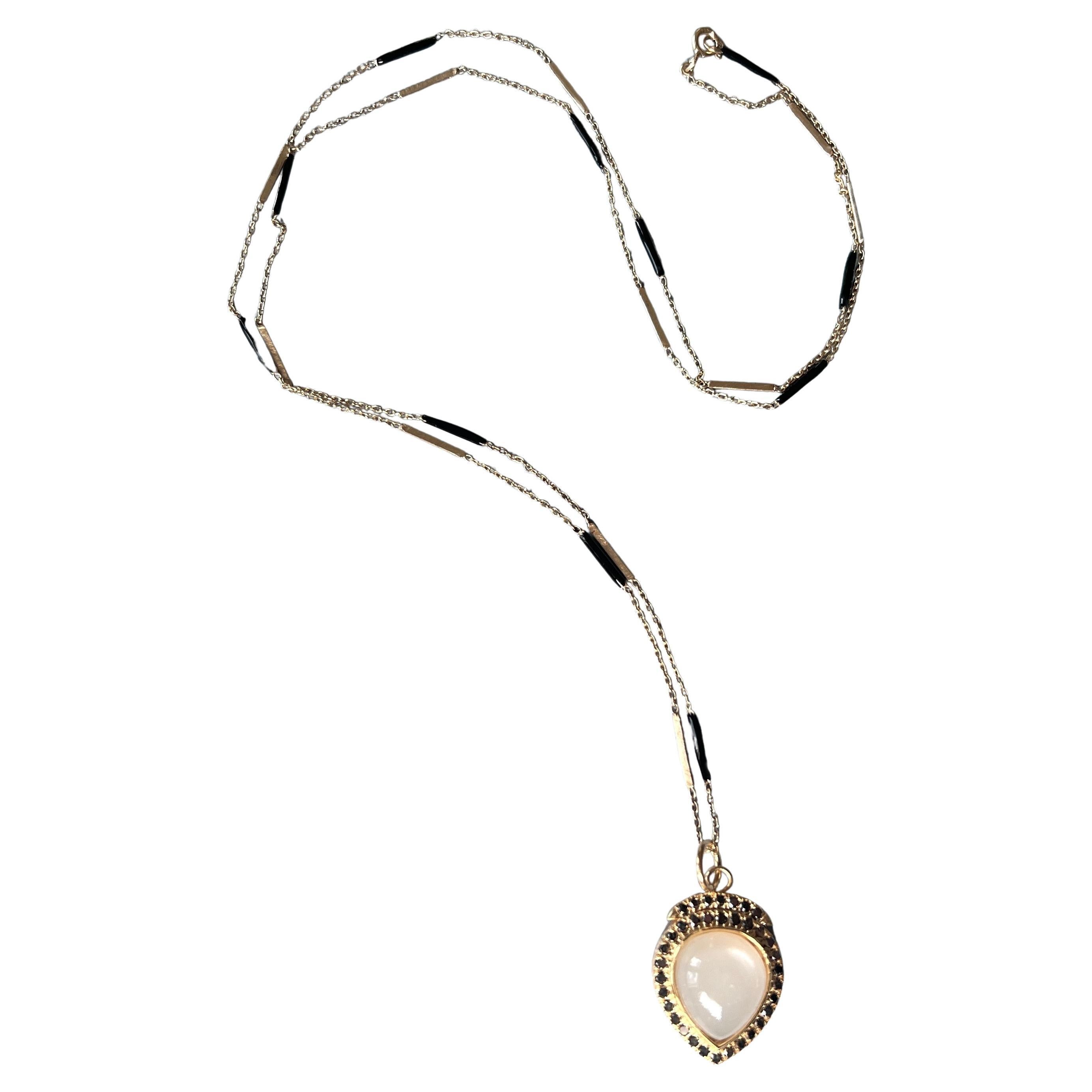 Black Diamond Moonstone Heart Pendant Necklace Black Enamel