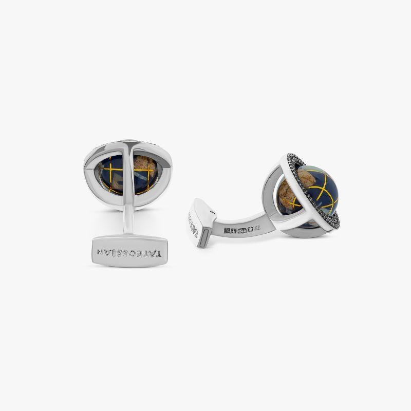 Black Diamond Mosaic Globe Cufflinks in Sterling Silver

This miniature world, made up of a complex mosaic of semi precious stones, immediately became a bestseller when it was introduced in 1995 and remains as such to this day. This cufflink has a