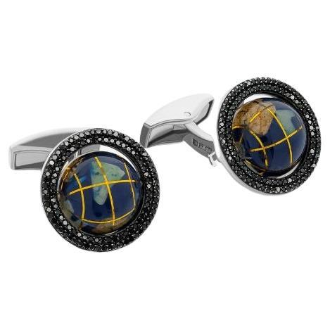 Boutons de manchette globe mosaïque de diamants noirs en argent sterling