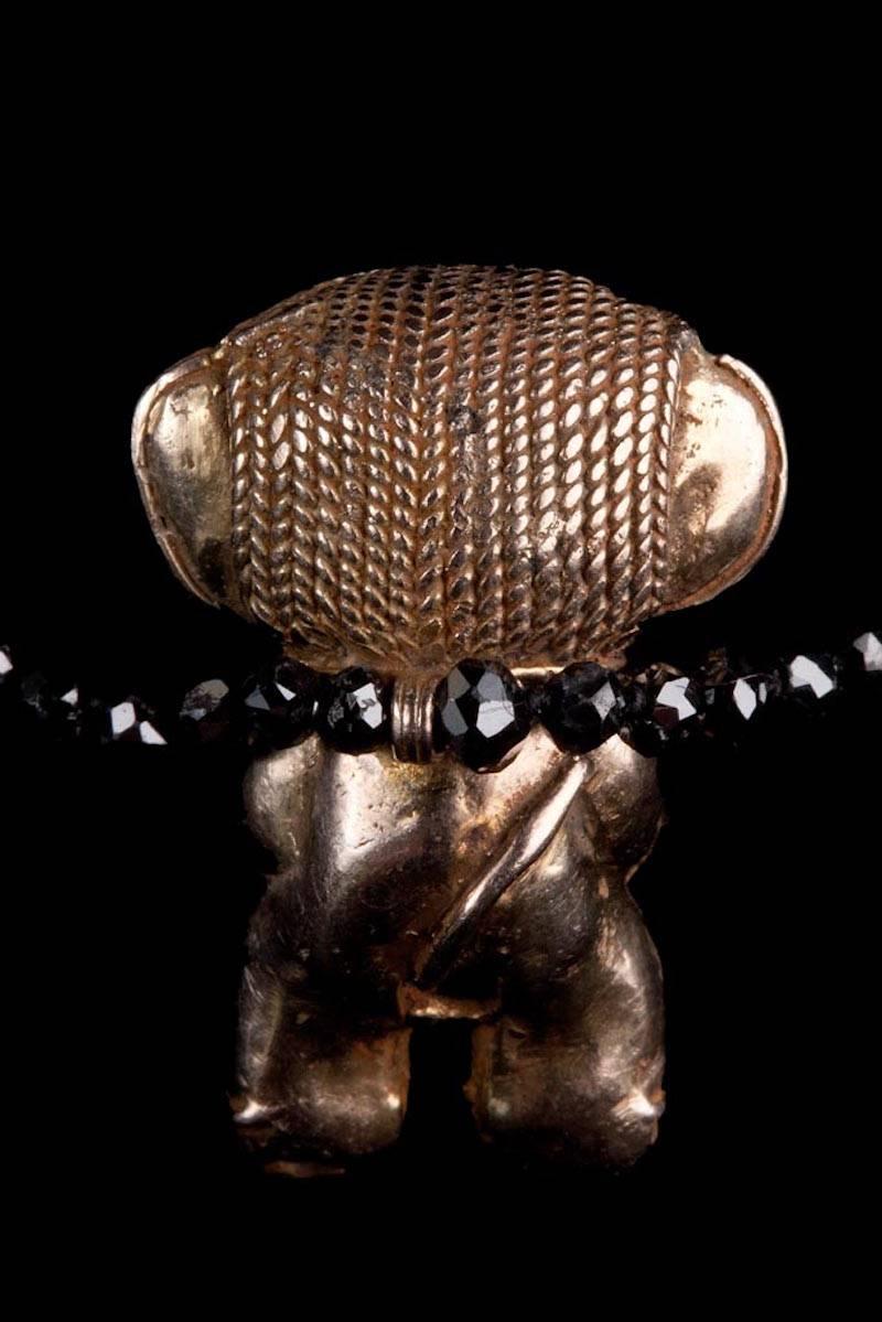 Briolette Cut Black Diamond Necklace with Tairona Precolumbian Shaman Gold Pendant For Sale