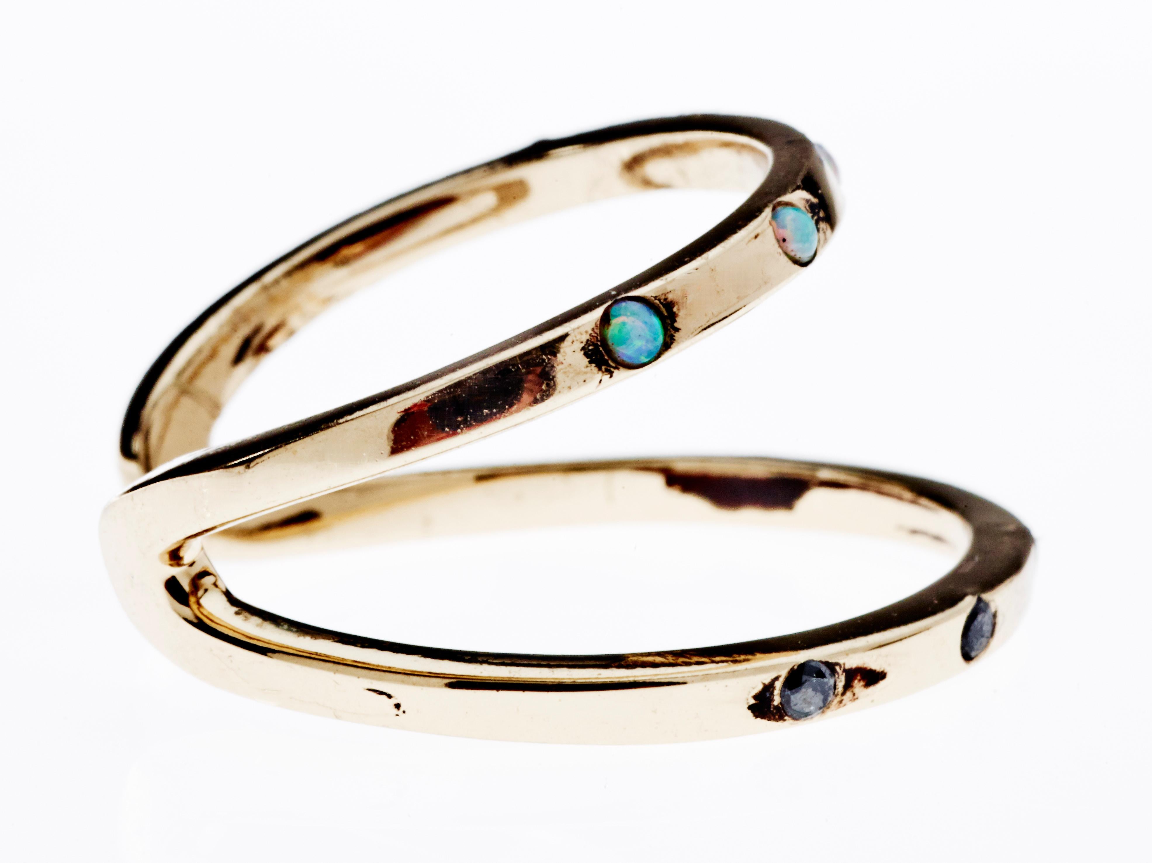 Doppelter Bandring Gold Schwarzer Diamant Opal Cocktail Ring J Dauphin (Zeitgenössisch) im Angebot