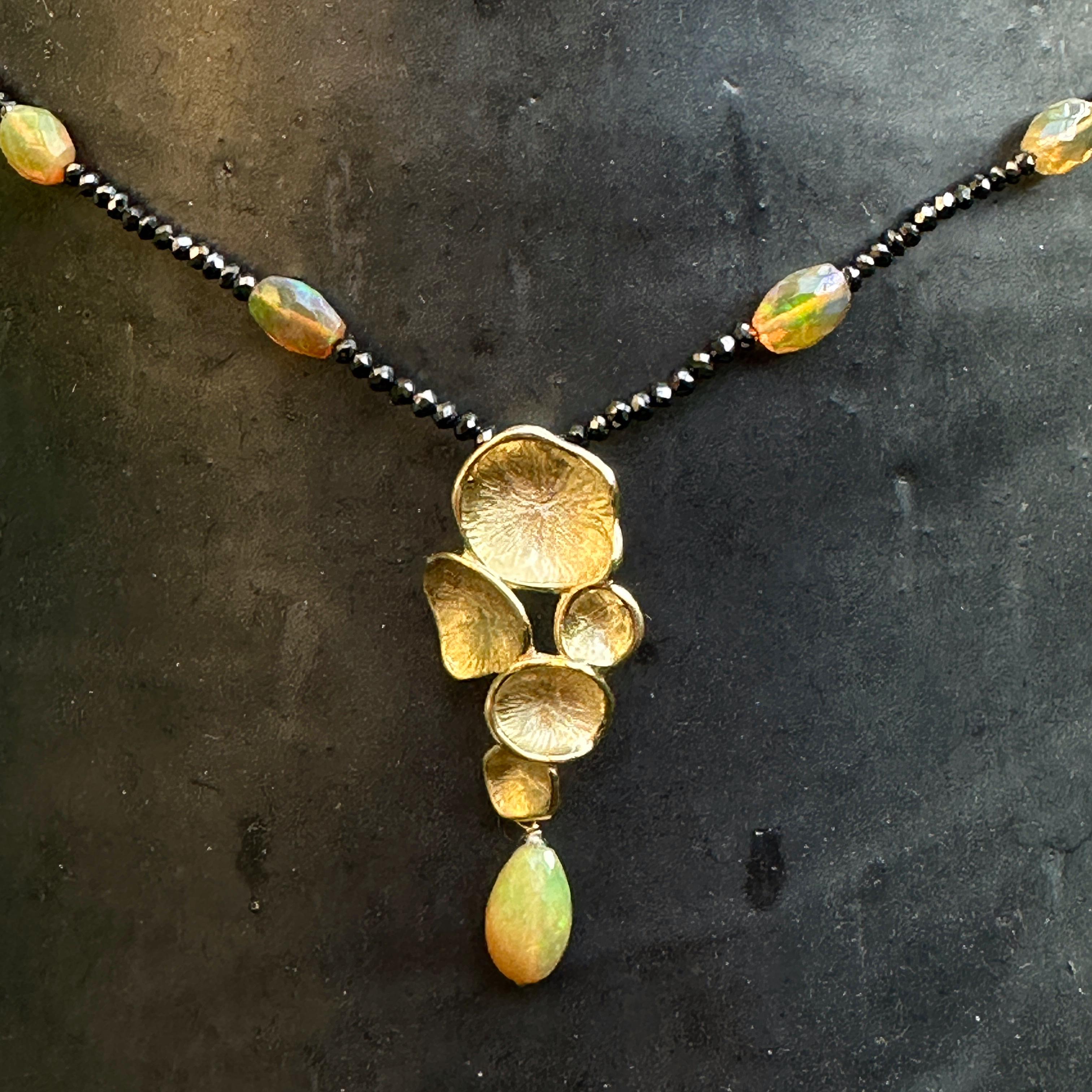Women's Black Diamond & Opal Station Necklace with 