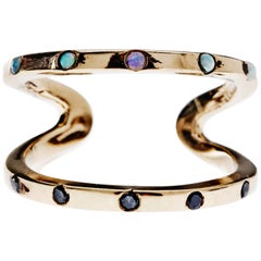 J Dauphin, bague d'amour à deux anneaux ouvert réglable en bronze avec opale noire et diamants