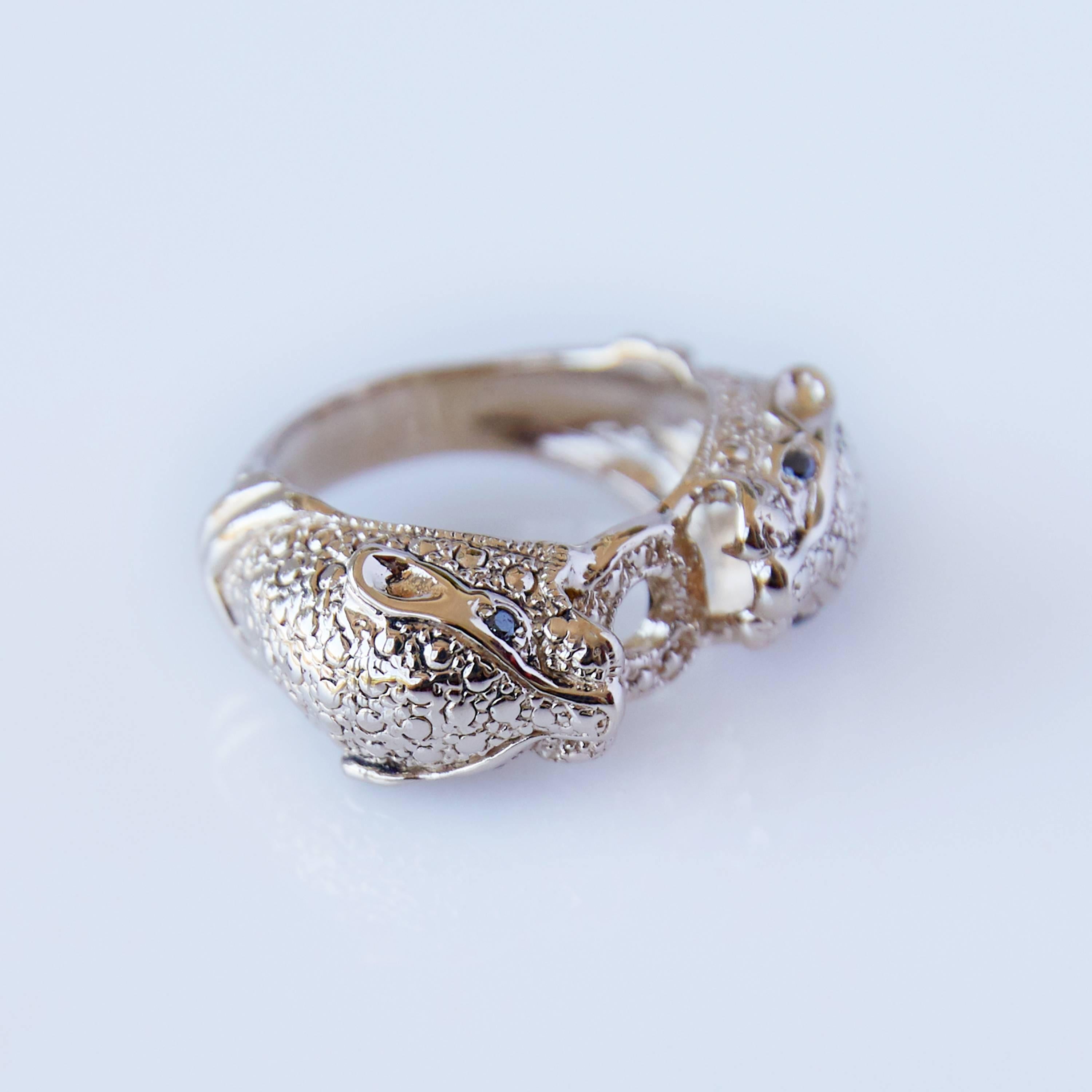 Polished Panther Jaguar Ring Black Diamonds Double Head Animal Cocktail Ring Bronze J Dauphin
