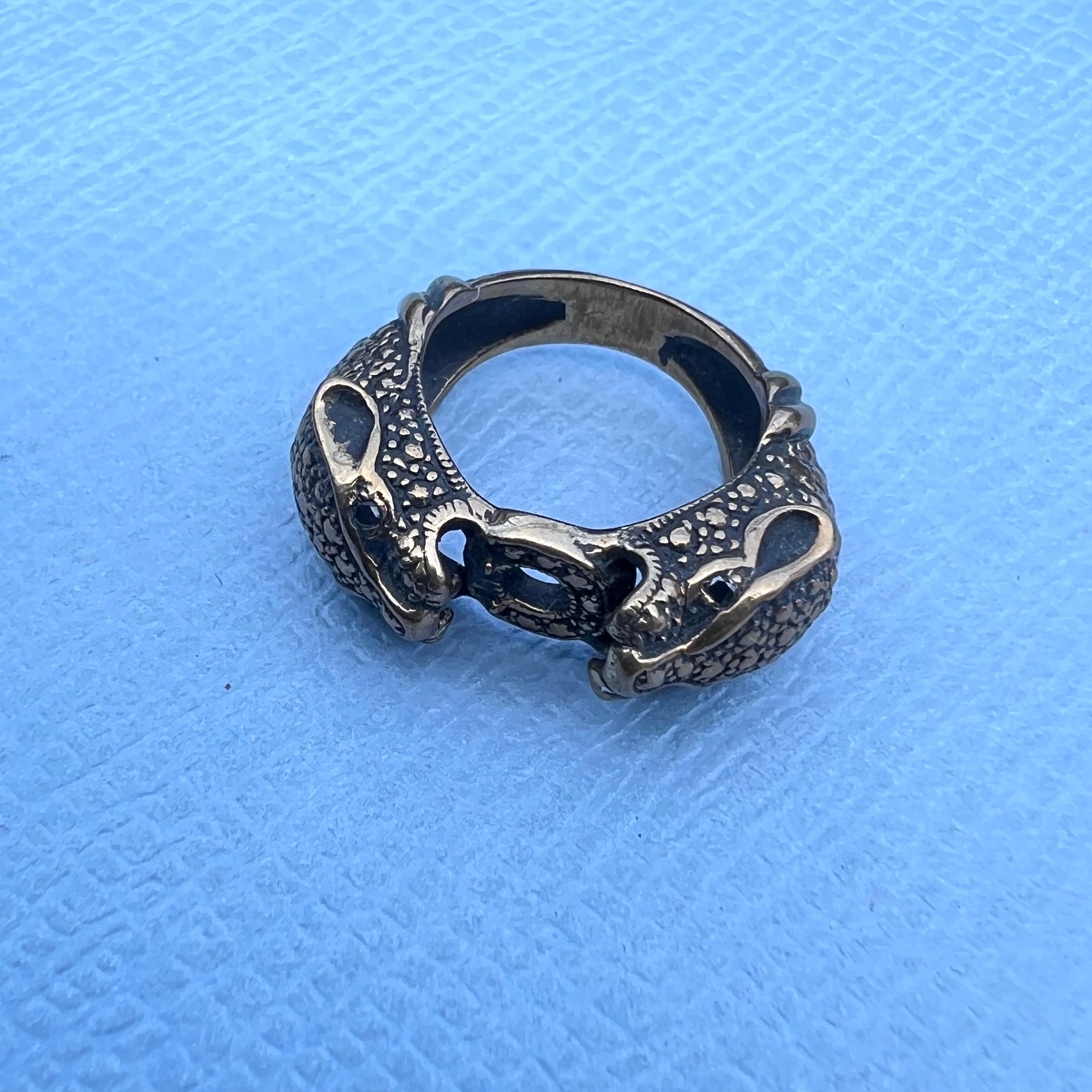 Femenino o masculino Anillo Diamante Negro Pantera Jaguar Anillo Animal Doble Cabeza Antiguo en venta