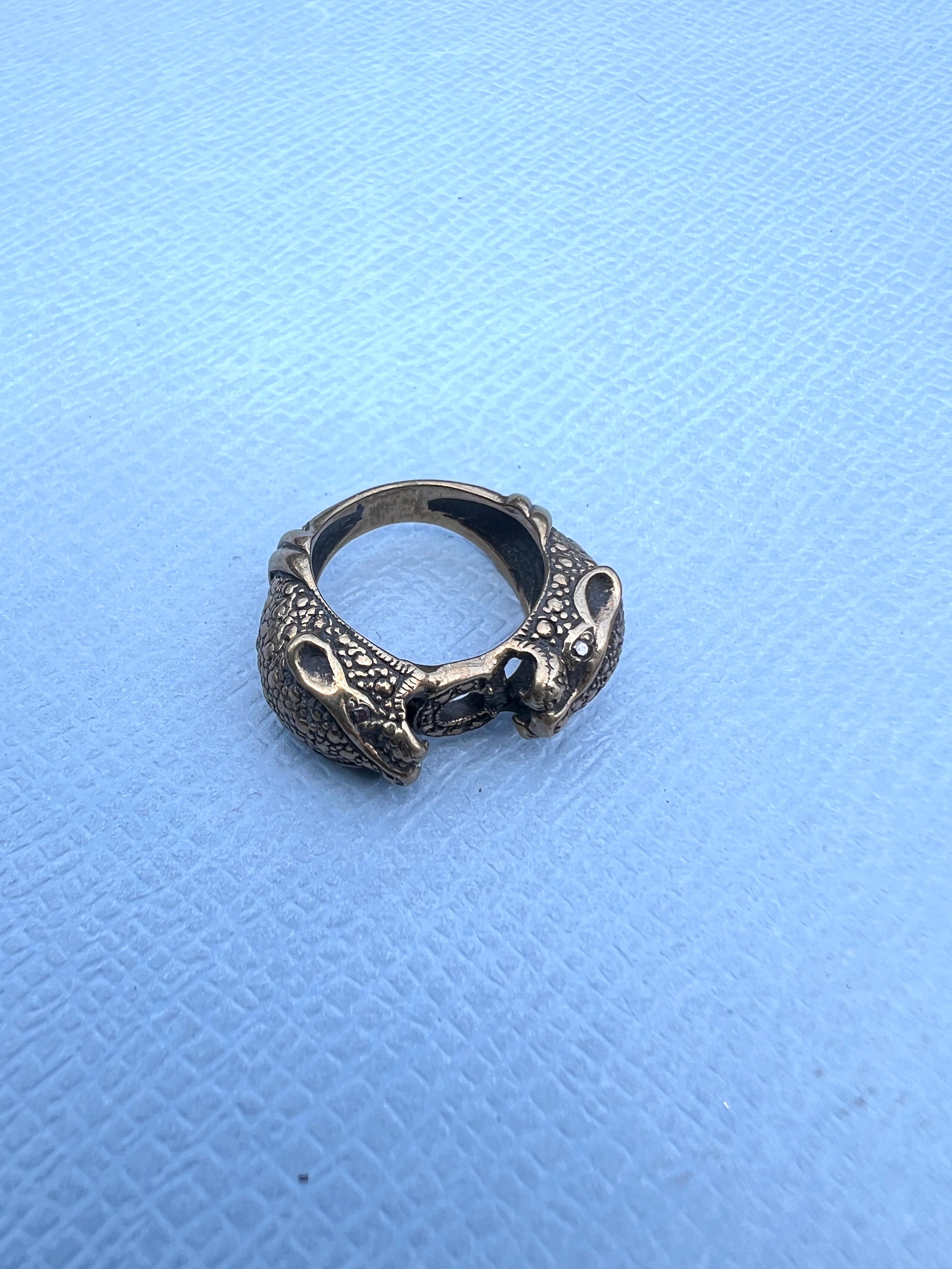 Anillo Diamante Negro Pantera Jaguar Anillo Animal Doble Cabeza Antiguo en venta 2