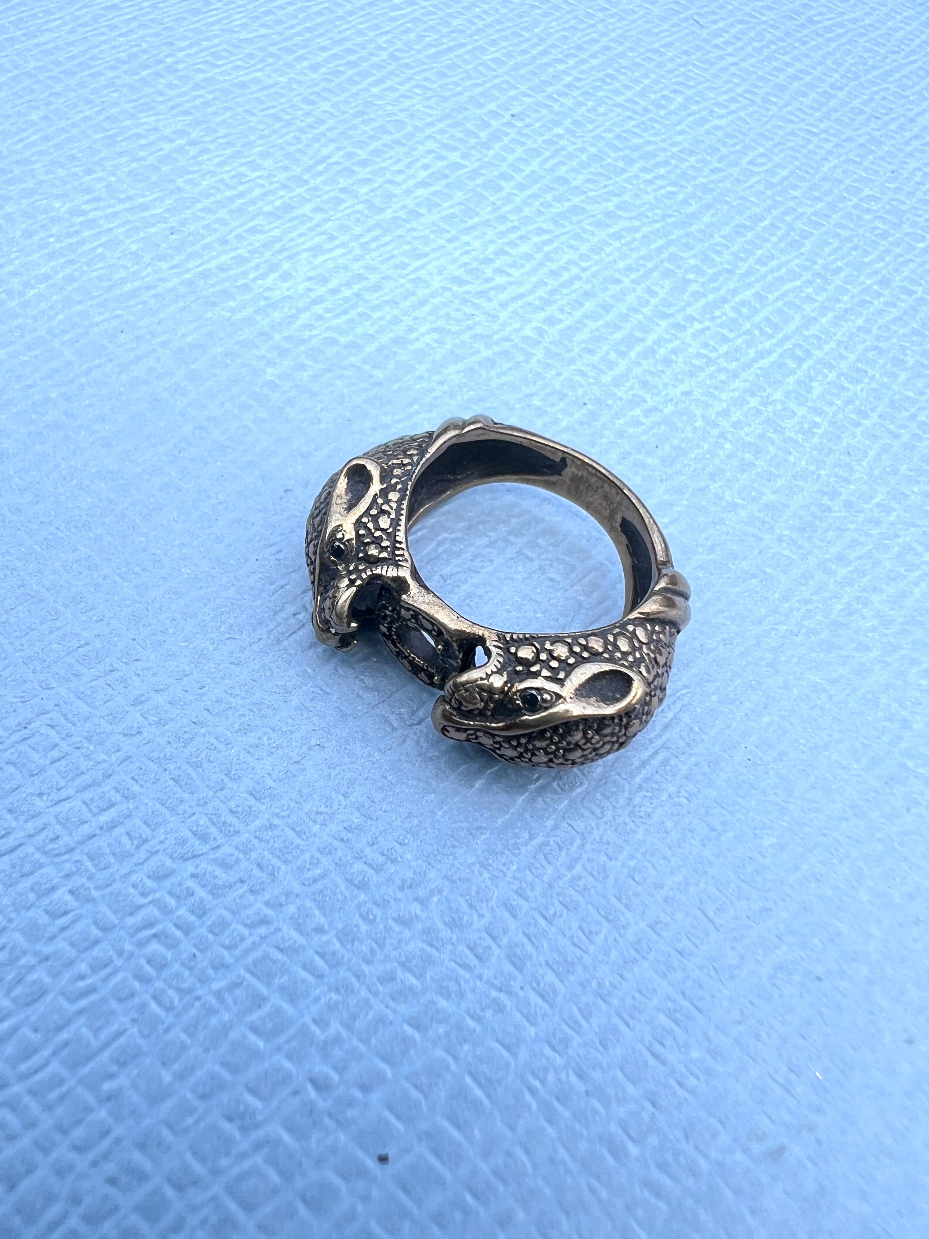 Anillo Diamante Negro Pantera Jaguar Anillo Animal Doble Cabeza Antiguo en venta 3