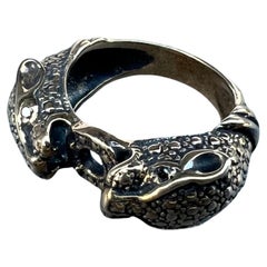 Anello Pantera con diamante nero Anello animale con doppia testa di giaguaro anticato