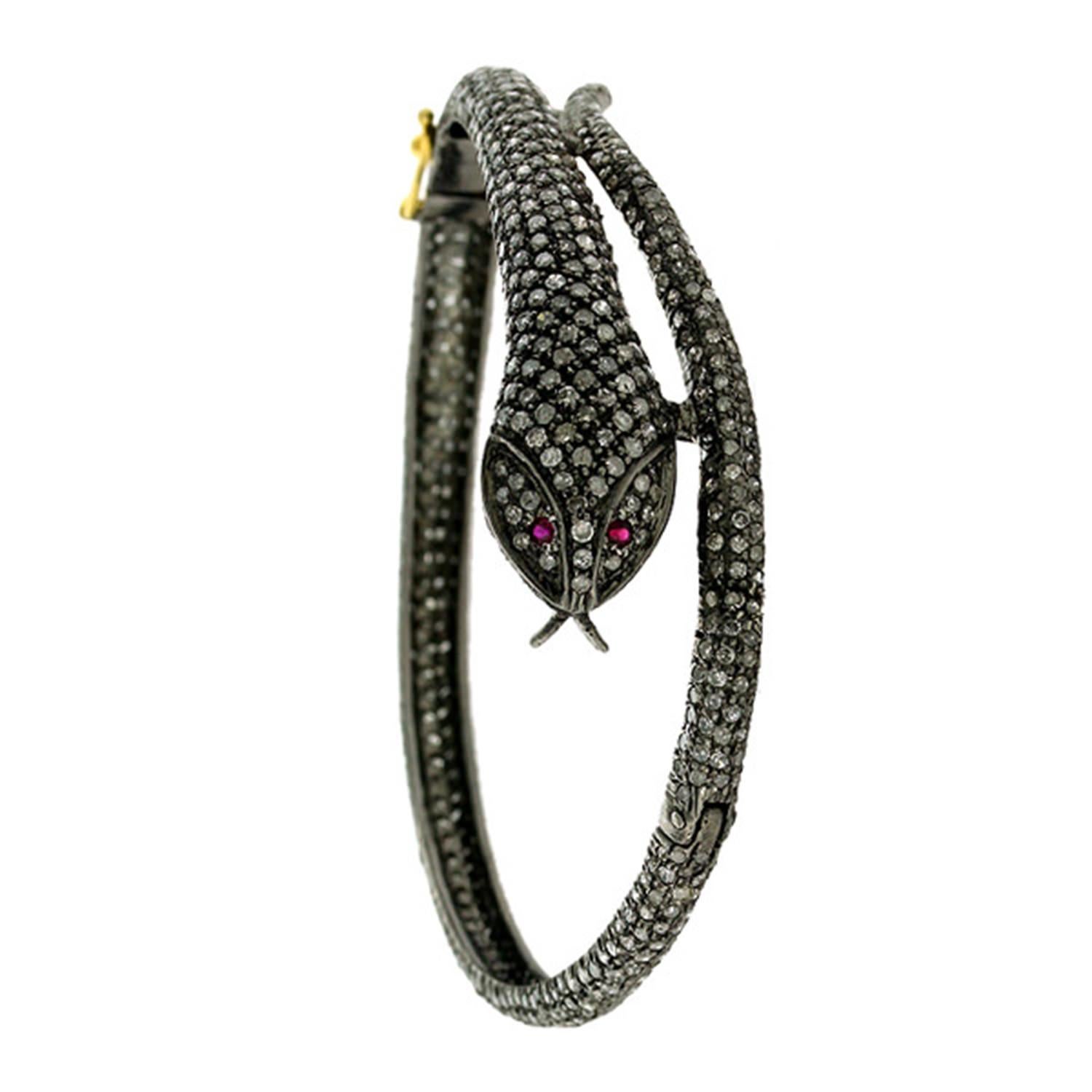 Contemporary Black Diamond Pave Snake Bracelet Ruby Eyes 6.36 Carats For Sale