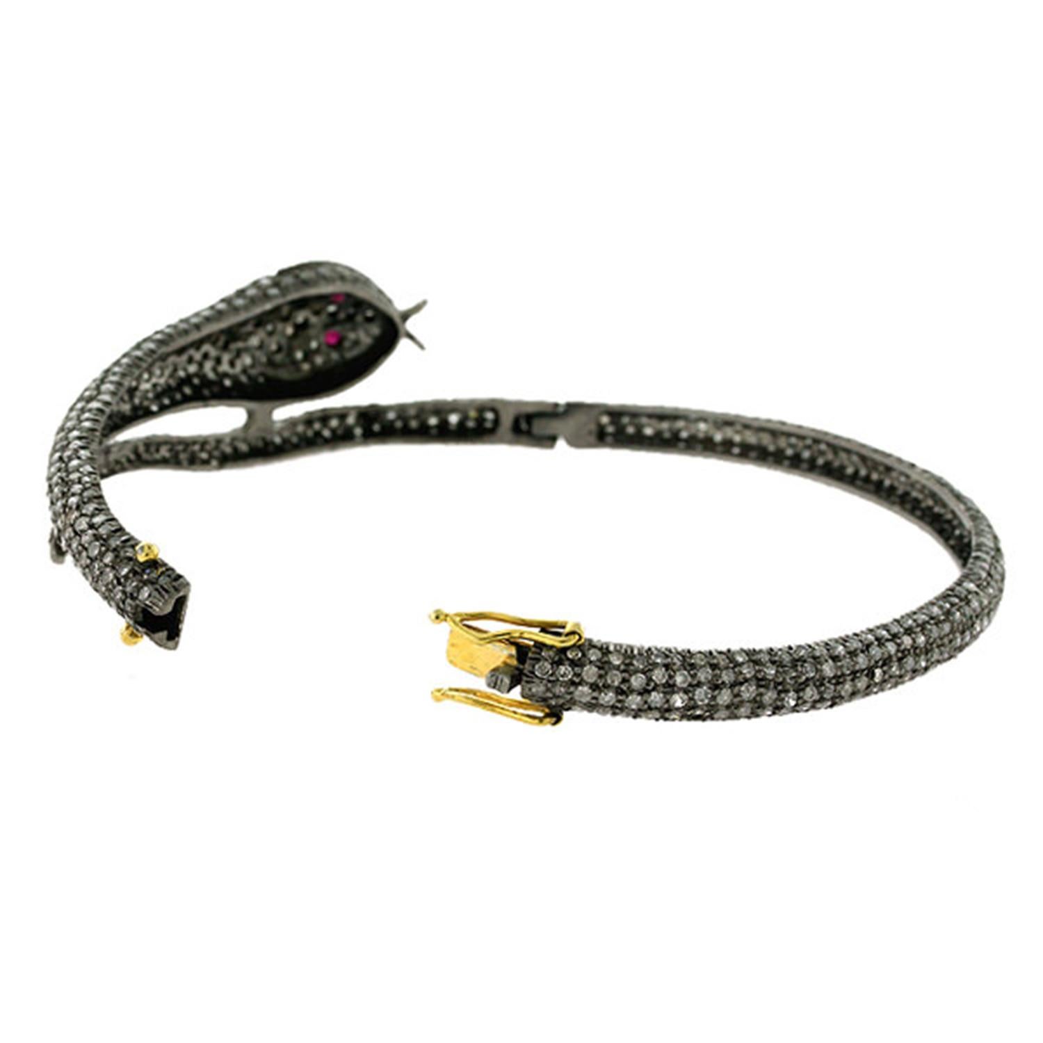 Mixed Cut Black Diamond Pave Snake Bracelet Ruby Eyes 6.36 Carats For Sale