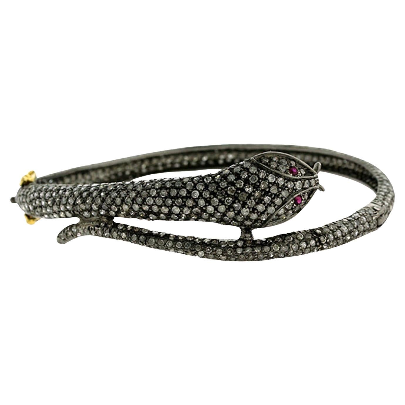 Black Diamond Pave Snake Bracelet Ruby Eyes 6.36 Carats