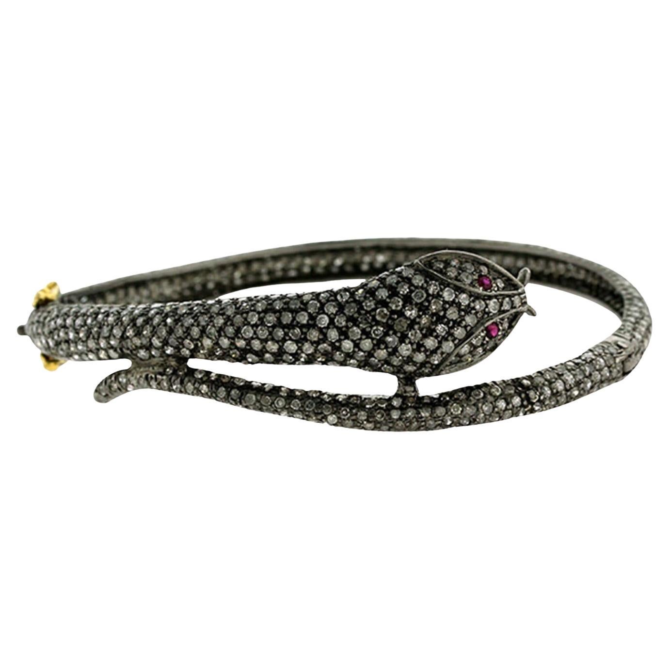 Black Diamond Pave Snake Bracelet Ruby Eyes 6.36 Carats