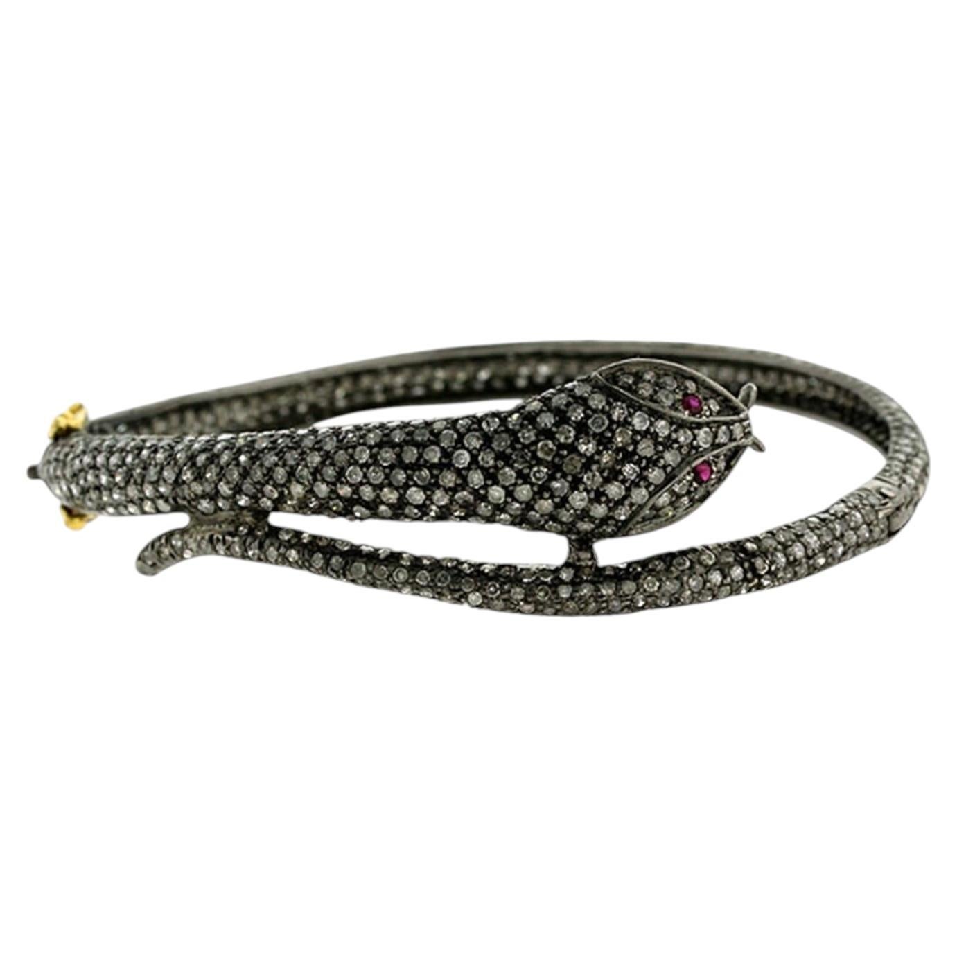 Black Diamond Pave Snake Bracelet Ruby Eyes 6.36 Carats