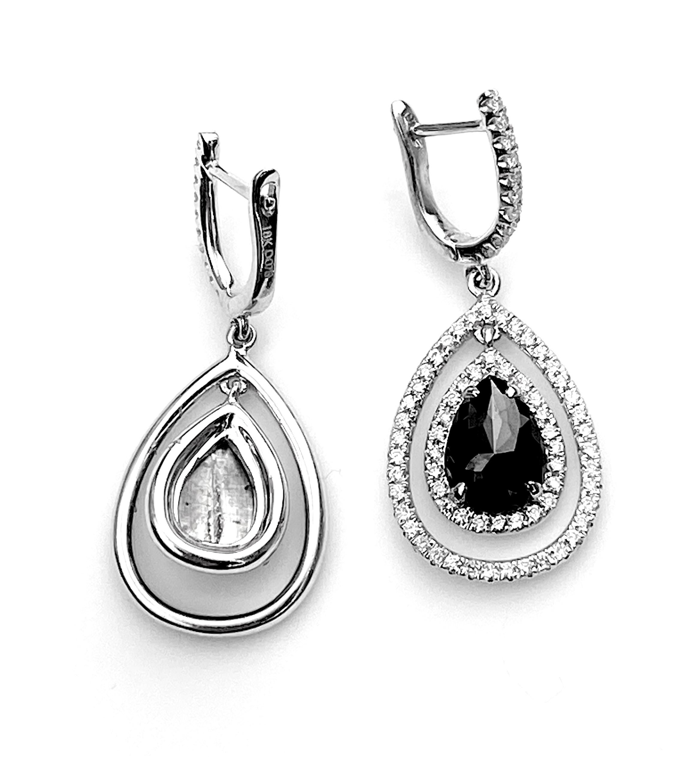 Black Diamond Pear Cut Drop Halo Earrings with White Diamond Detail In New Condition For Sale In Toronto, Ontario