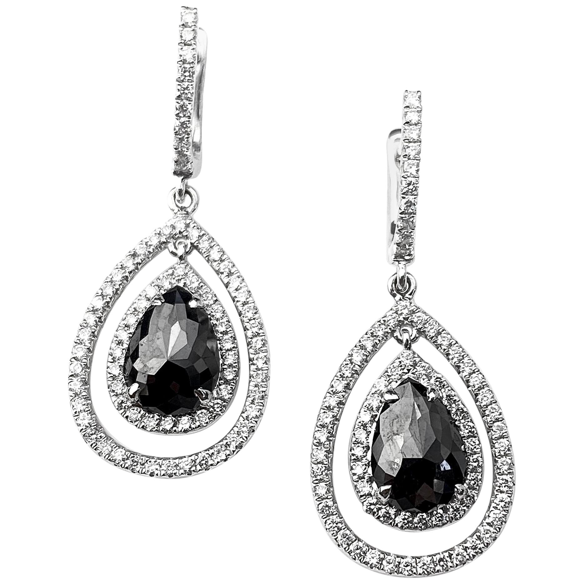 Black Diamond Pear Cut Drop Halo Earrings with White Diamond Detail For Sale