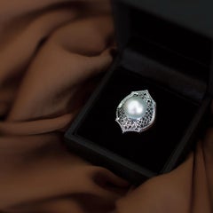 Black Diamond Pearl 18 Karat White Gold Mauresque Cocktail Ring Natalie Barney