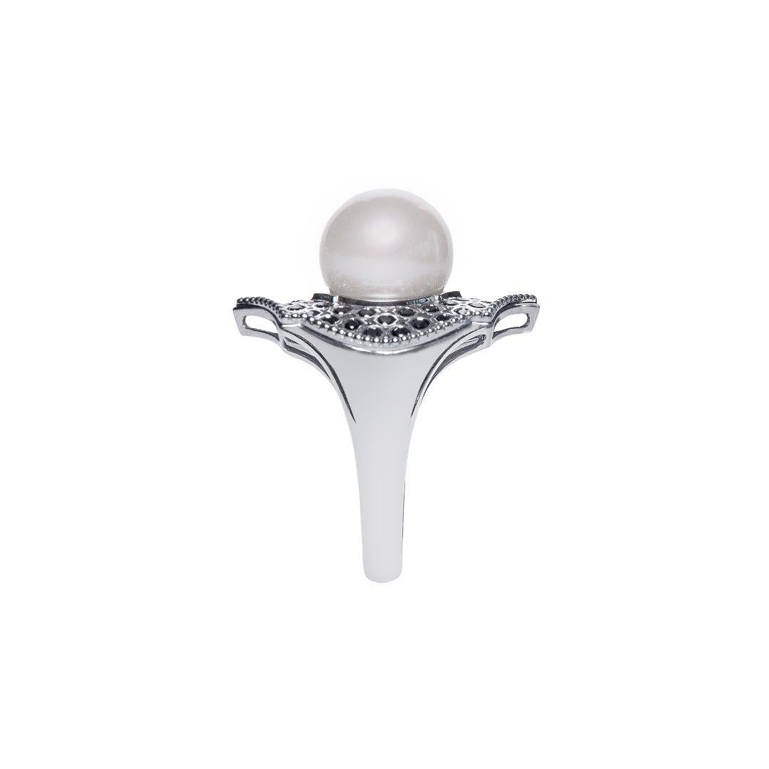 For Sale:  Black Diamond Pearl 18 Karat White Gold Mauresque Cocktail Ring Natalie Barney 4