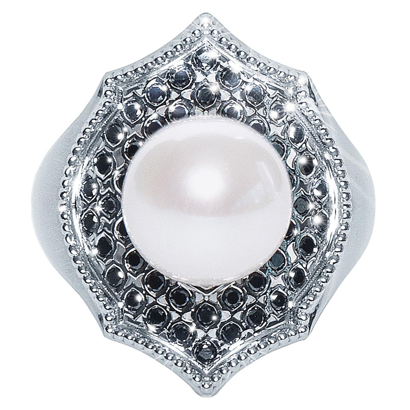 For Sale:  Black Diamond Pearl 18 Karat White Gold Mauresque Cocktail Ring Natalie Barney