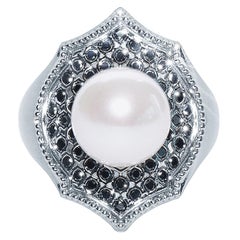 Black Diamond Pearl 18 Karat White Gold Mauresque Cocktail Ring Natalie Barney
