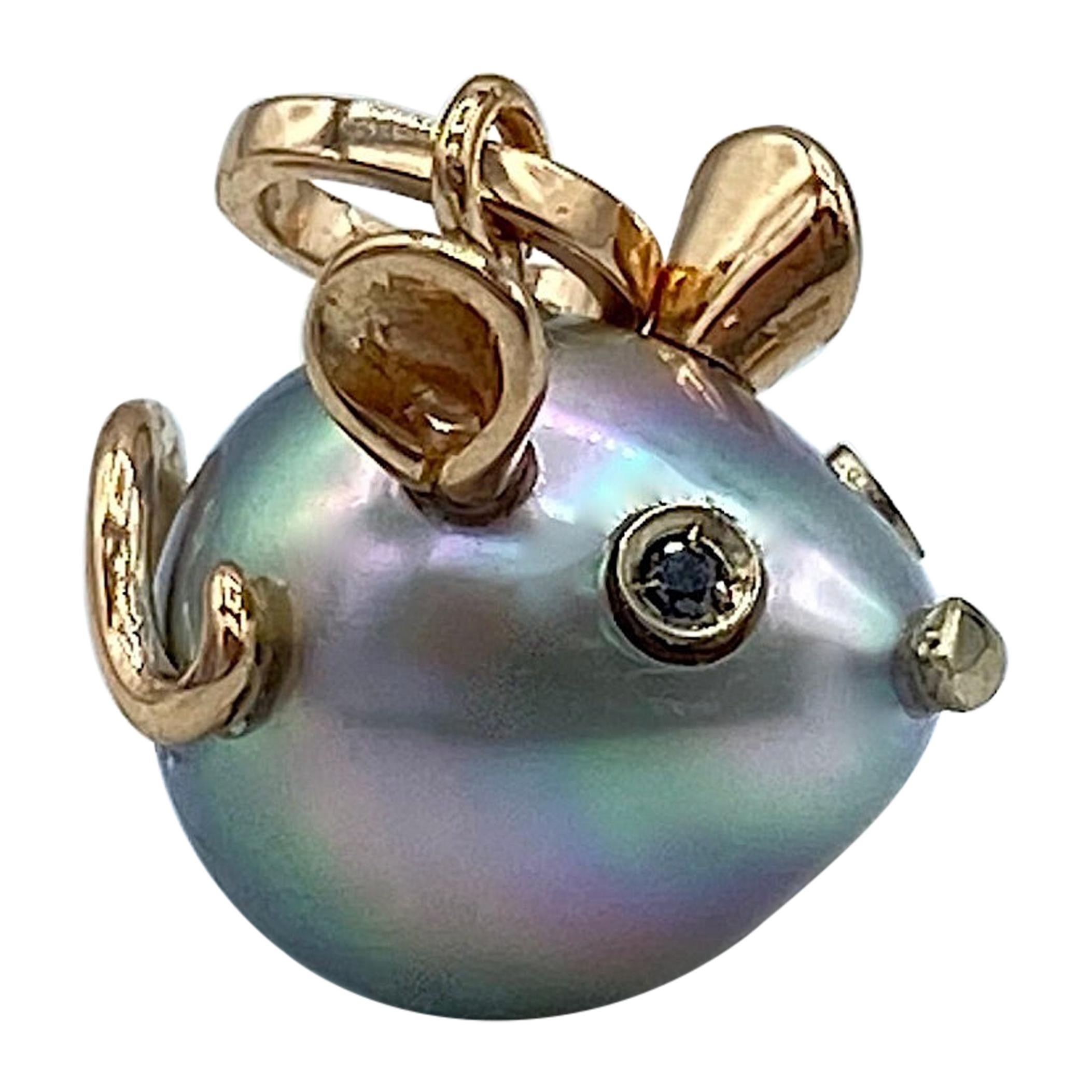 Black Diamond Red 18 Karat Gold Tahitian Pearl Pendant/Necklace Mouse Made in IT