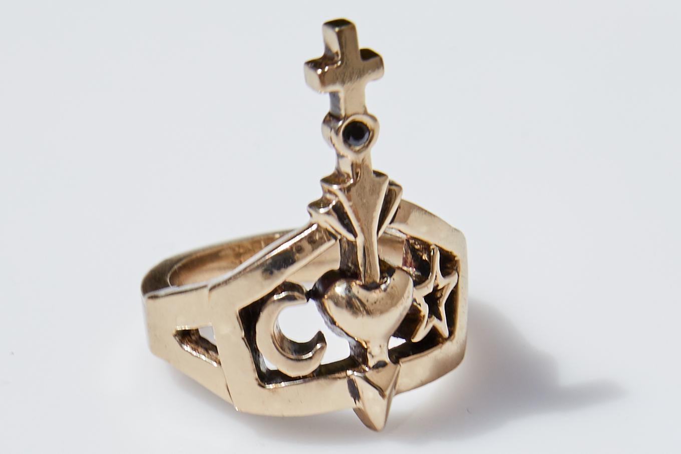 Contemporary Black Diamond Ring Cross Moon Star Heart Bronze J Dauphin For Sale