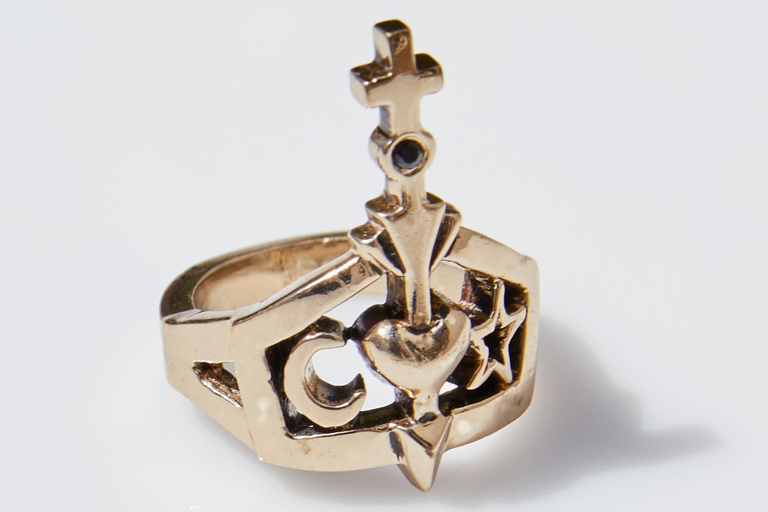Women's Black Diamond Ring Cross Moon Star Heart Bronze J Dauphin For Sale
