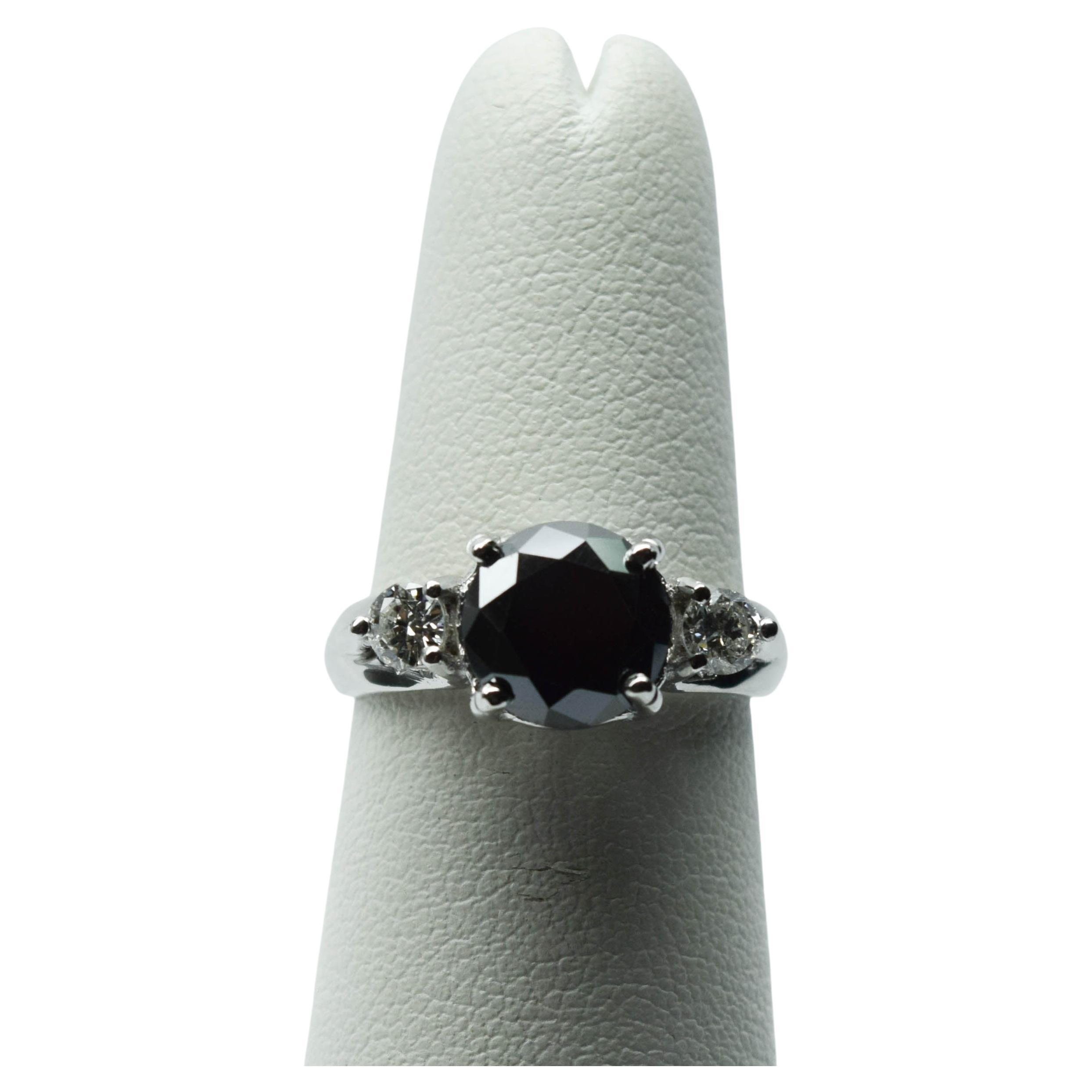 Black diamond ring Three Stone engagement ring 14KT gold Certified black diamond