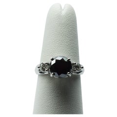 Used Black diamond ring Three Stone engagement ring 14KT gold Certified black diamond