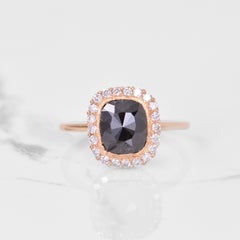 Black Diamond Ring with Diamond Scalloped Halo In Yellow Gold