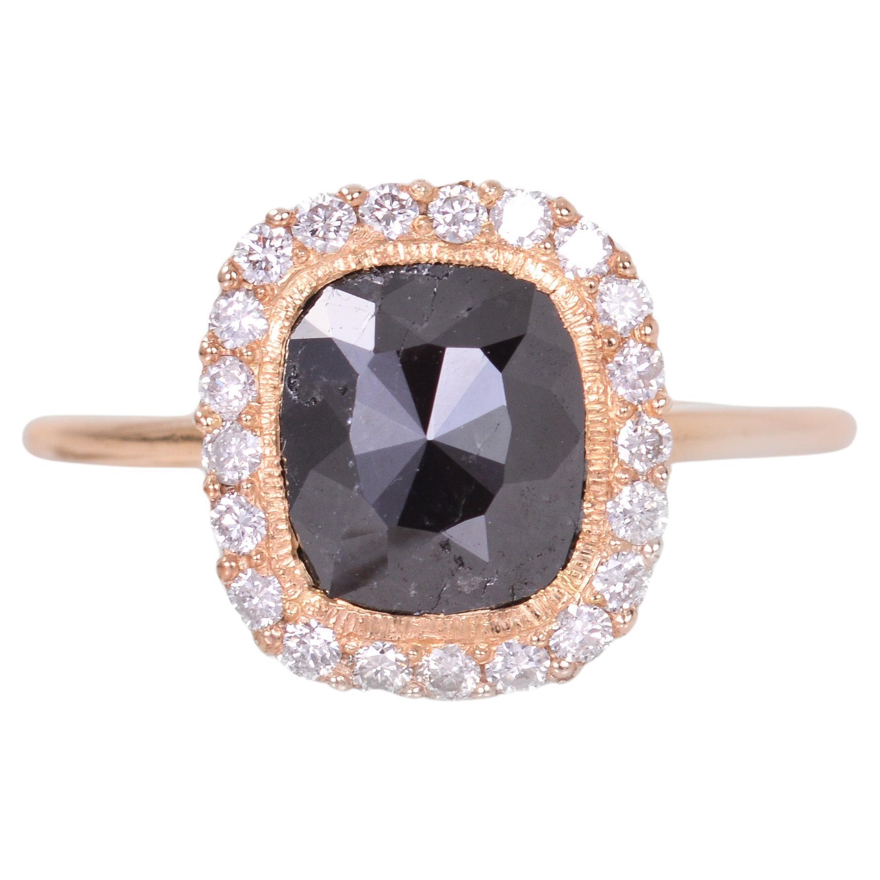Black Diamond Ring with Diamond Scalloped Halo In Yellow Gold For Sale