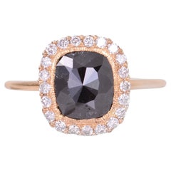 Black Diamond Ring with Diamond Scalloped Halo In Yellow Gold