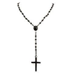 Black Diamond Rosary Gold Long Drop Beaded Cross Pendant Necklace