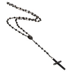 Vintage Black Diamond Rosary Gold Long Drop Beaded Cross Pendant Necklace