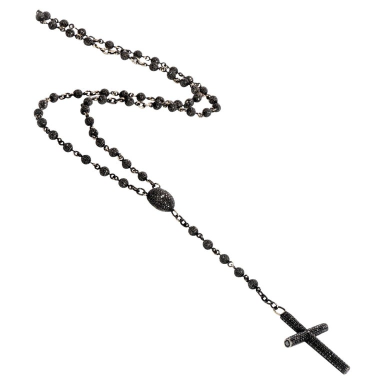 Black Diamond Rosary Gold Long Drop Beaded Cross Pendant Necklace at 1stDibs beaded cross