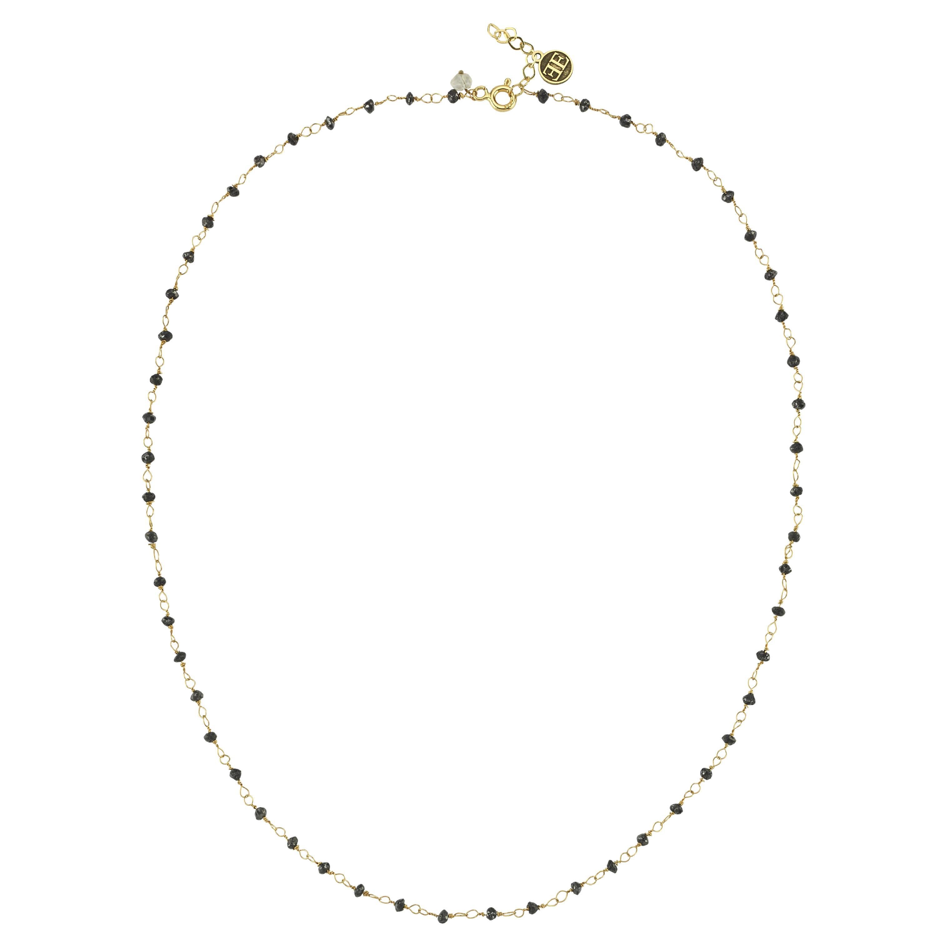 Schwarze Rosary-Halskette mit natürlichen Diamanten und Perlen aus 14k Gold im Angebot