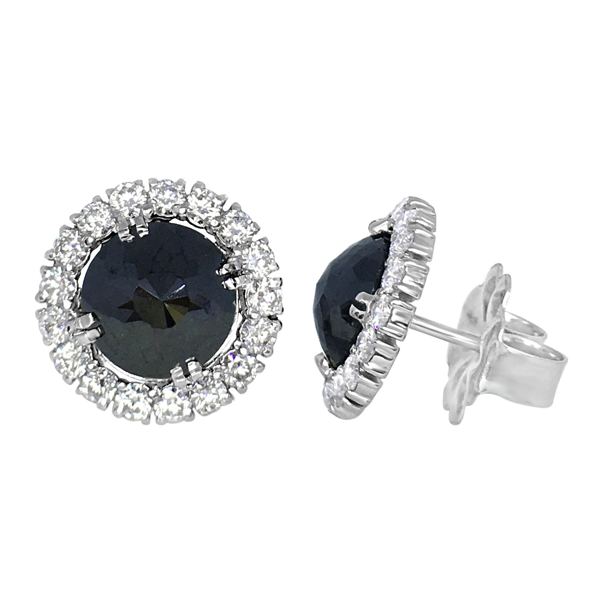 Black Diamond Rose Cut 18 Karat White Gold Halo Stud Earrings For Sale