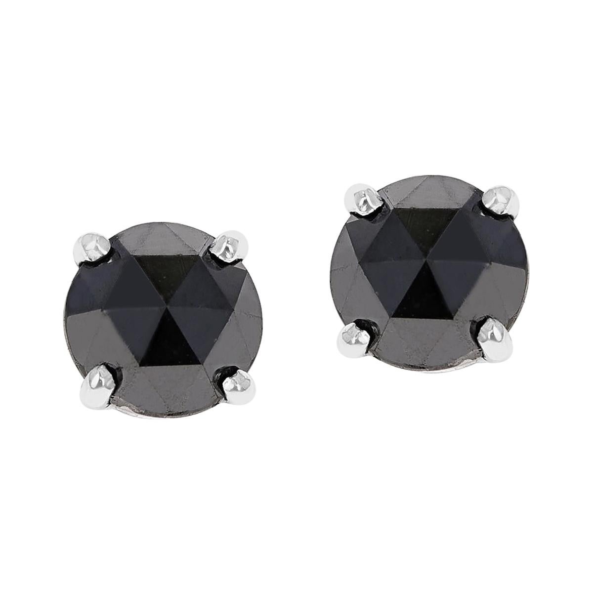 Rose Cut Black Diamond Stud Earrings Made in 14k White Gold For Sale at