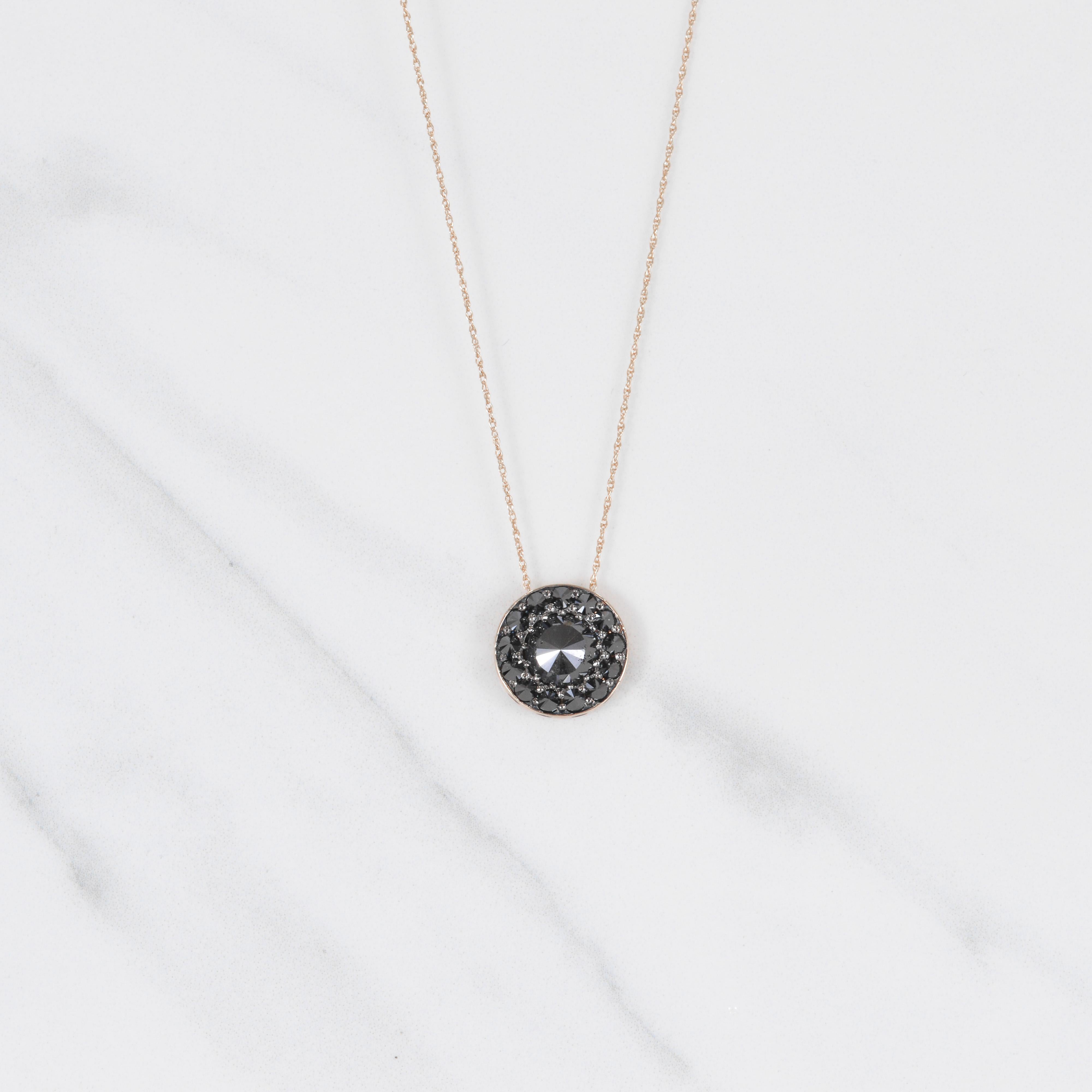 Round Cut Round Black Diamond Spiked Pendant Necklace in Yellow Gold For Sale