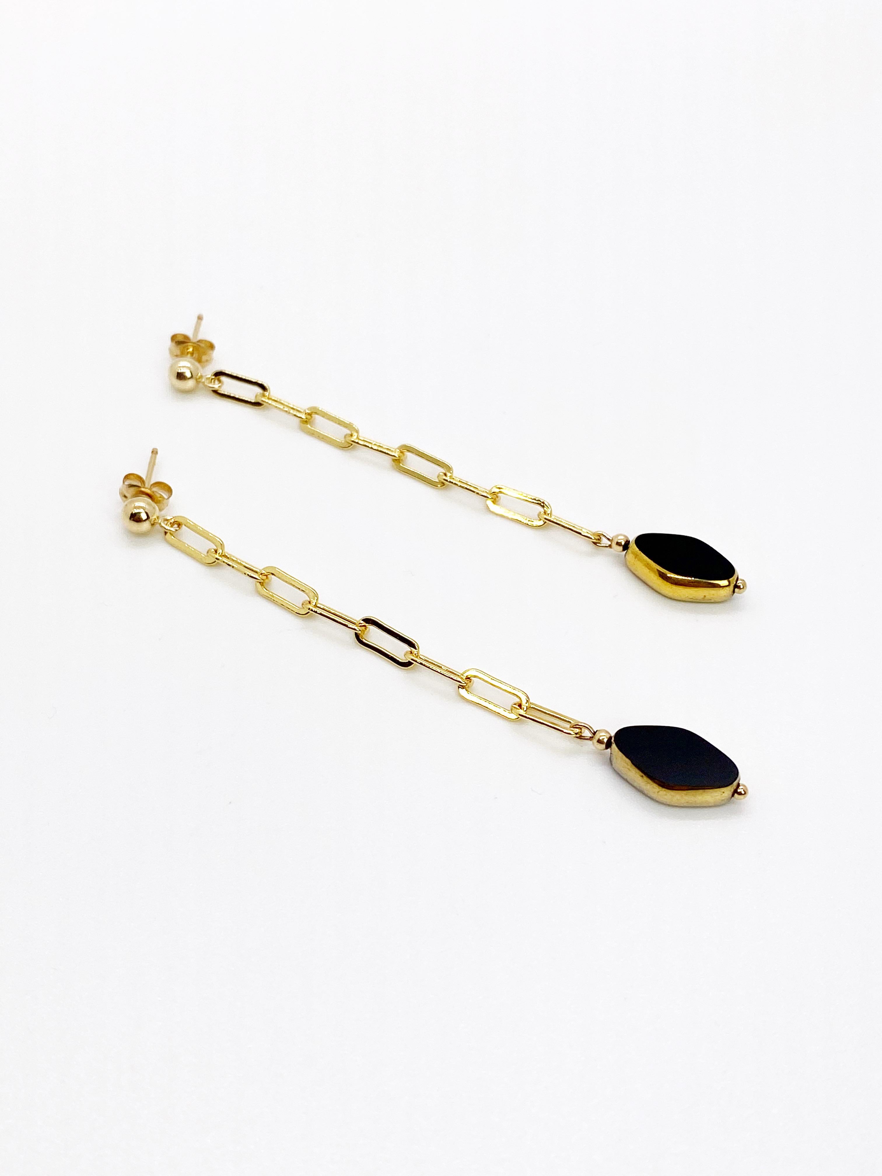 Art Deco Black Diamond Shaped Vintage German Glass Bead on Gold filled Chain Earrings For Sale