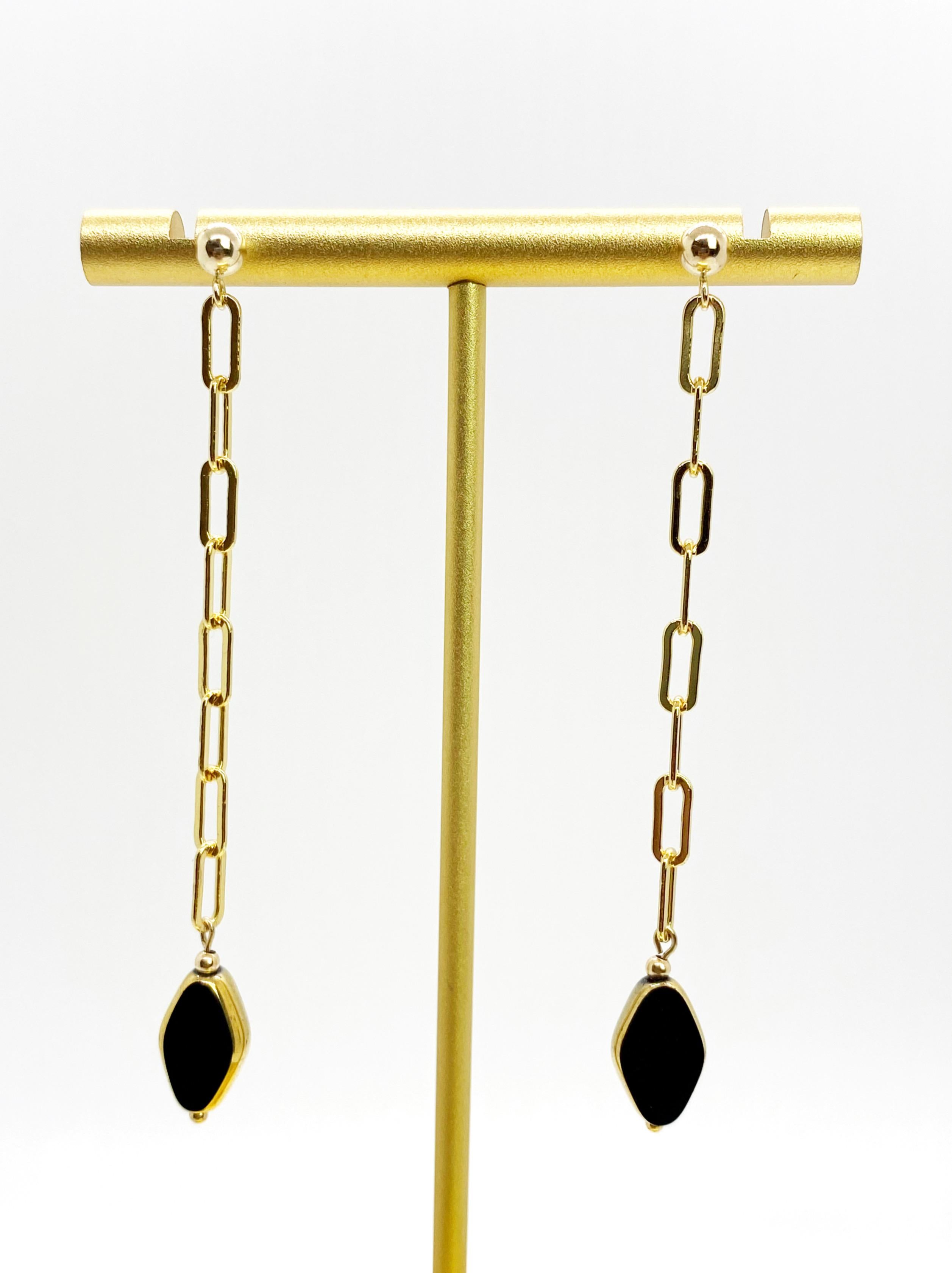 Black Diamond Shaped Vintage German Glass Bead on Gold filled Chain Earrings In New Condition For Sale In Monrovia, CA