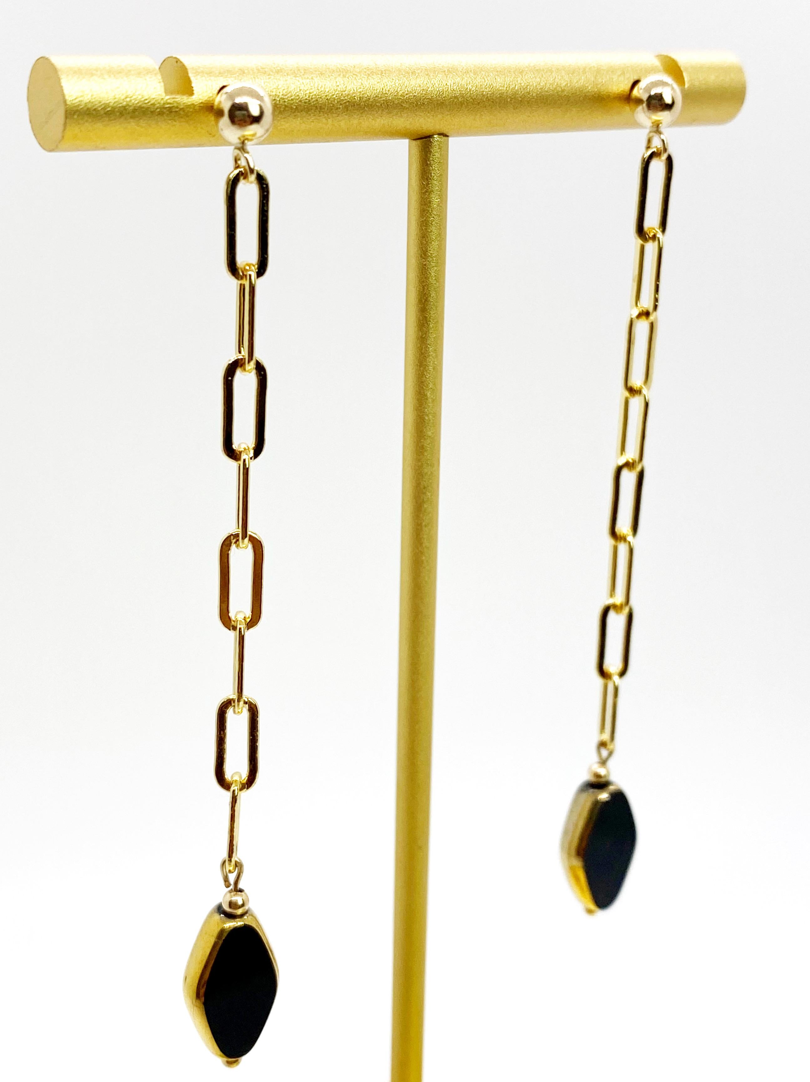 Women's Black Diamond Shaped Vintage German Glass Bead on Gold filled Chain Earrings For Sale