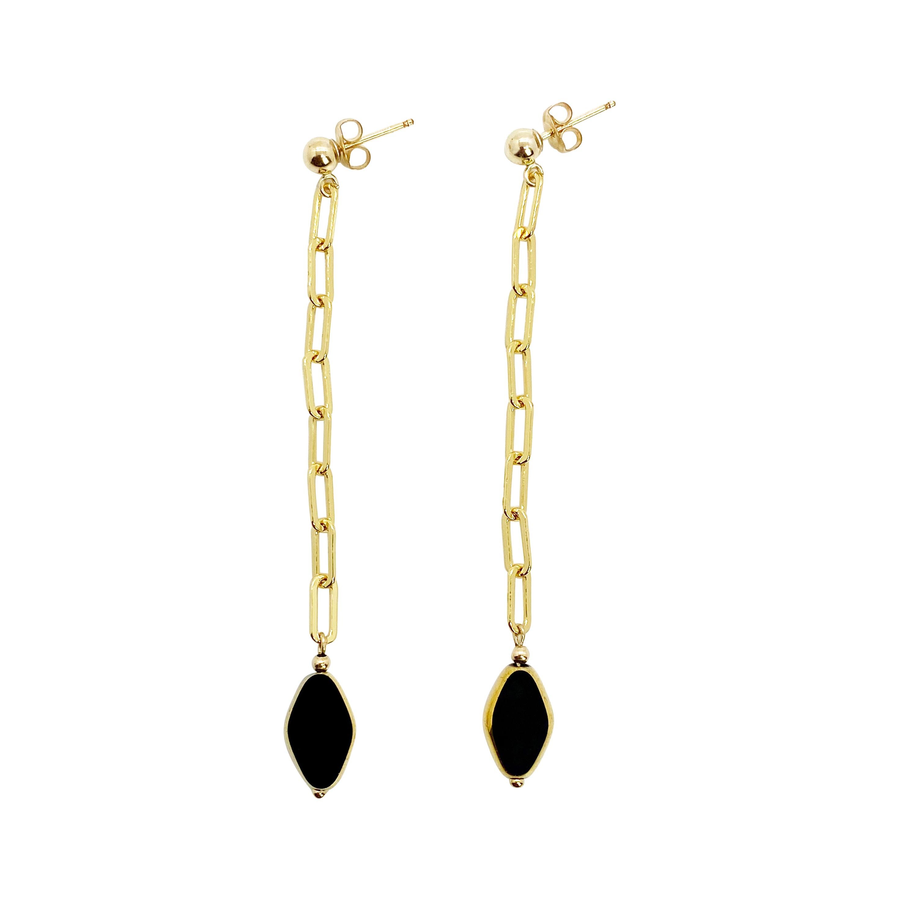 Black Diamond Shaped Vintage German Glass Bead on Gold filled Chain Earrings For Sale